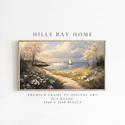 Sailboat Near the Coast Frame Tv Art, Digital Download Art for Frame Tv, Ocean Tv Art, Coastal Tv Art, Oil Painting Frame Tv Art
