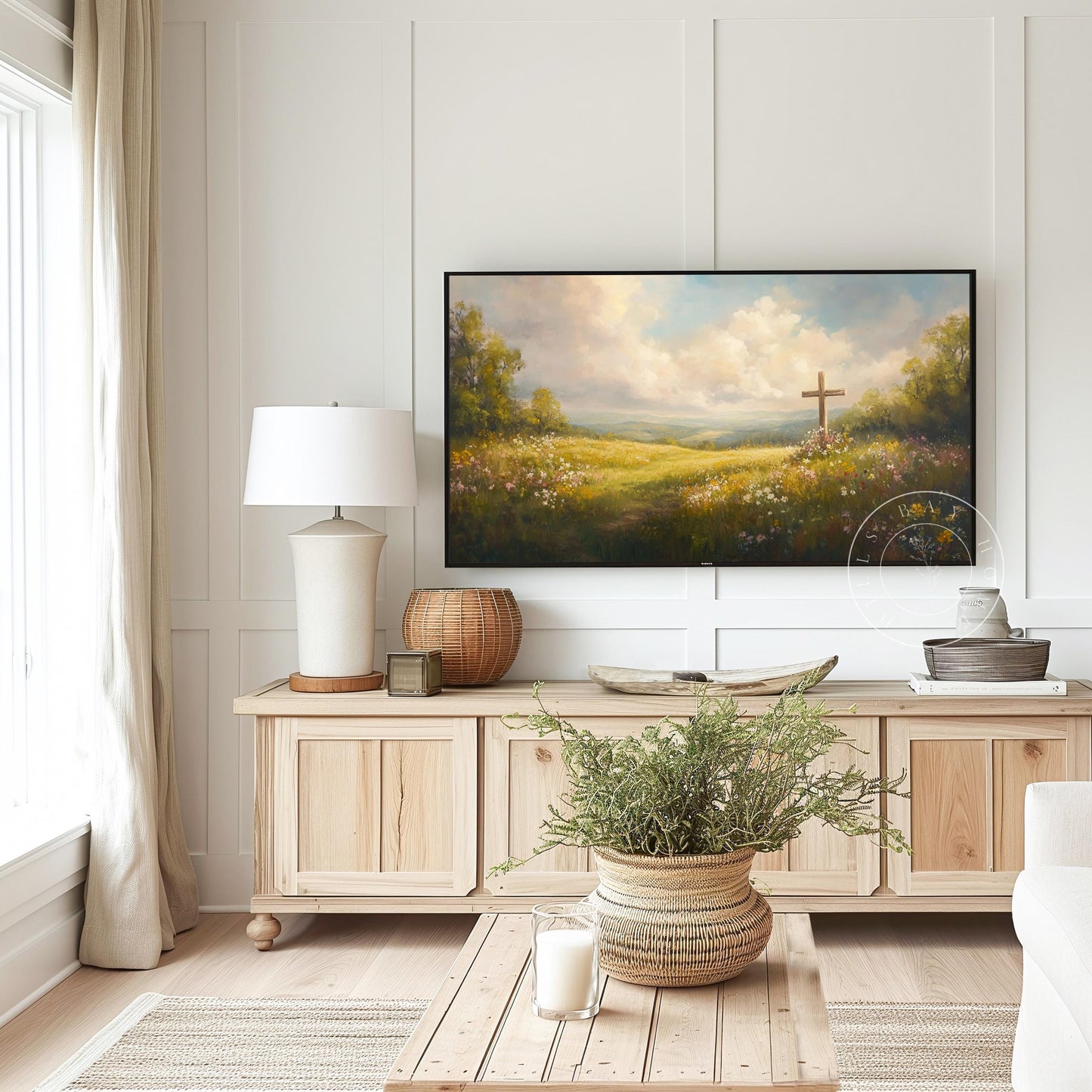 Wooden Cross Frame Tv Art, Art for Frame Tv, Meadow Art, Spring Tv Art, Easter Frame Tv Art, Instant Download, Religious Art