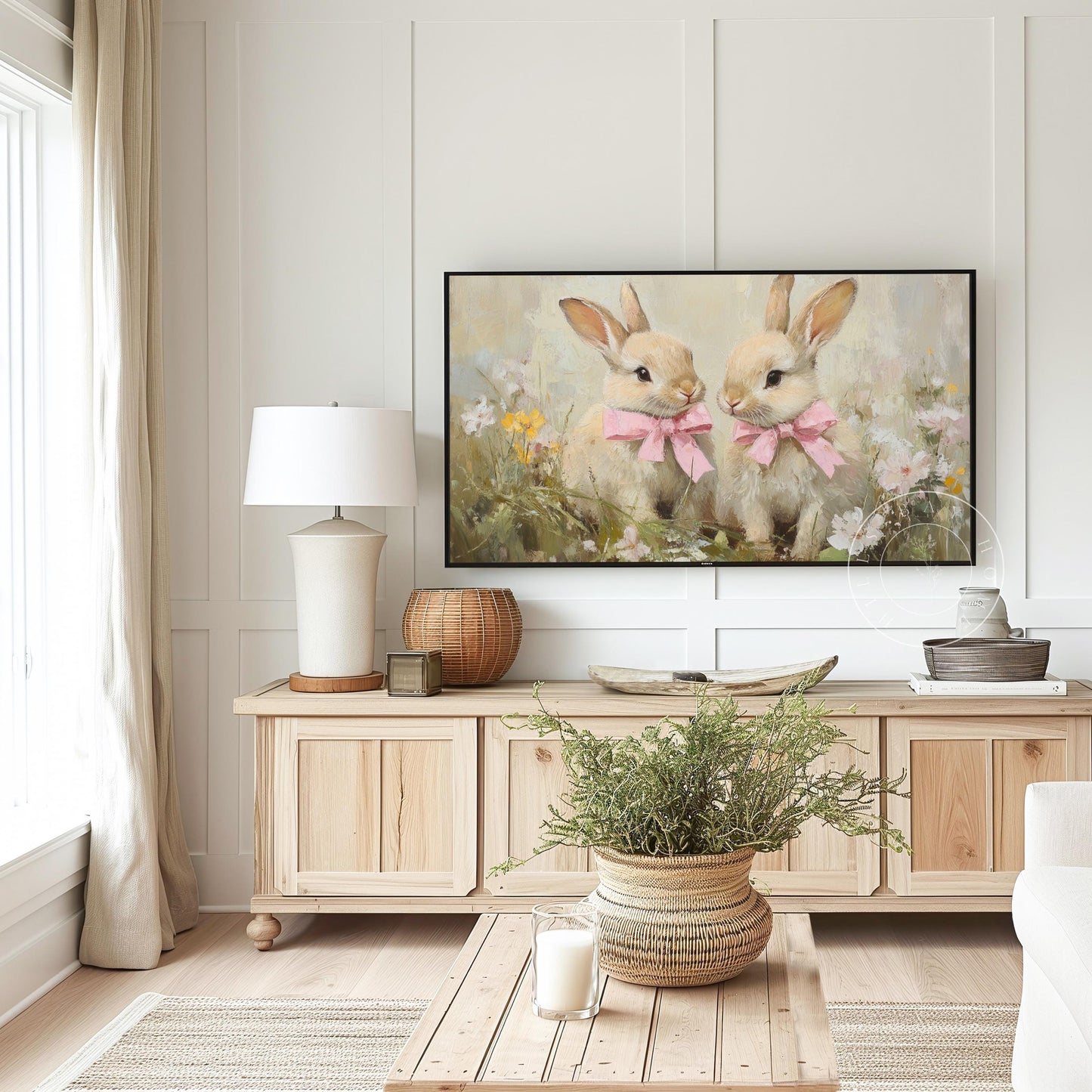 Bunnies with Bows Frame Tv Art, Digital Download Art for Frame Tv, Vintage Tv Art, Spring Tv Art, Easter Frame Tv Art, Pink Bows Tv Art
