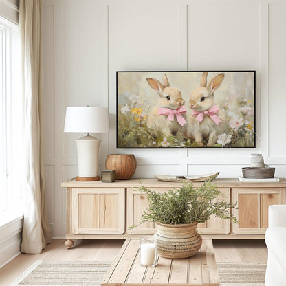 Bunnies with Bows Frame Tv Art, Digital Download Art for Frame Tv, Vintage Tv Art, Spring Tv Art, Easter Frame Tv Art, Pink Bows Tv Art