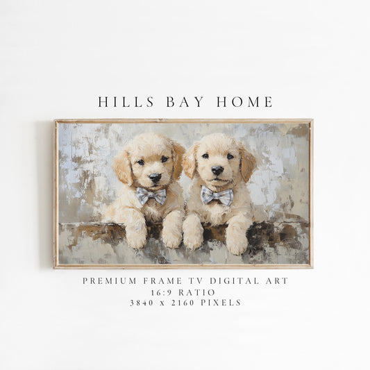 Golden Retrievers with Bow Ties Frame Tv Art, Digital Download Art for Frame Tv, Vintage Tv Art, Animal Tv Art, Puppy Frame Tv Art