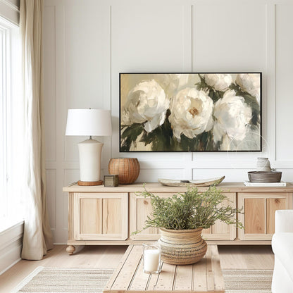 White Peony Tv Art, Digital Download Art for Frame Tv, Spring Tv Art, Neutral Flower Tv Art, Oil Painting Frame Tv Art, Floral Tv Art