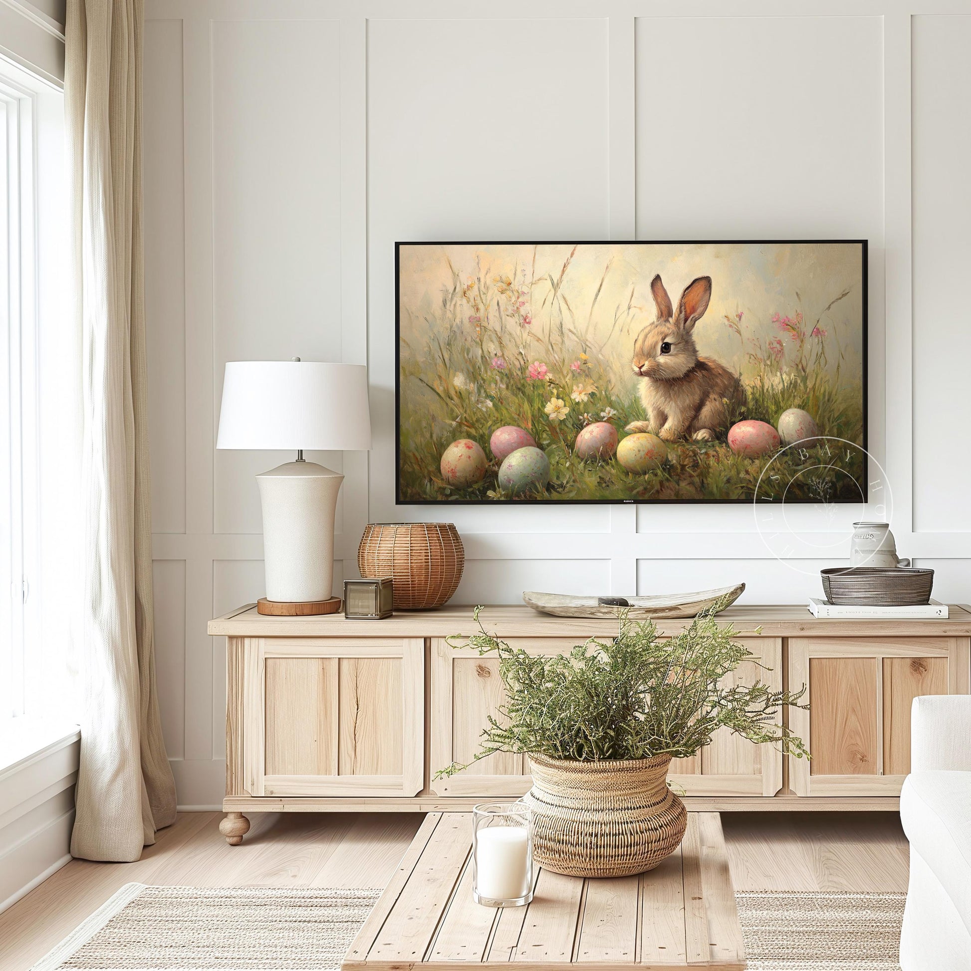 Bunny with Easter Eggs Frame Tv Art, Digital Download Art for Frame Tv, Spring Meadow Tv Art, Spring Tv Art, Easter Frame Tv Art, Instant