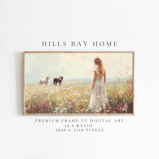 Horses in Meadow Tv Art, Digital Download Art for Frame Tv, Spring Tv Art, Meadow Tv Art, Oil Painting Frame Tv Art, Instant Download