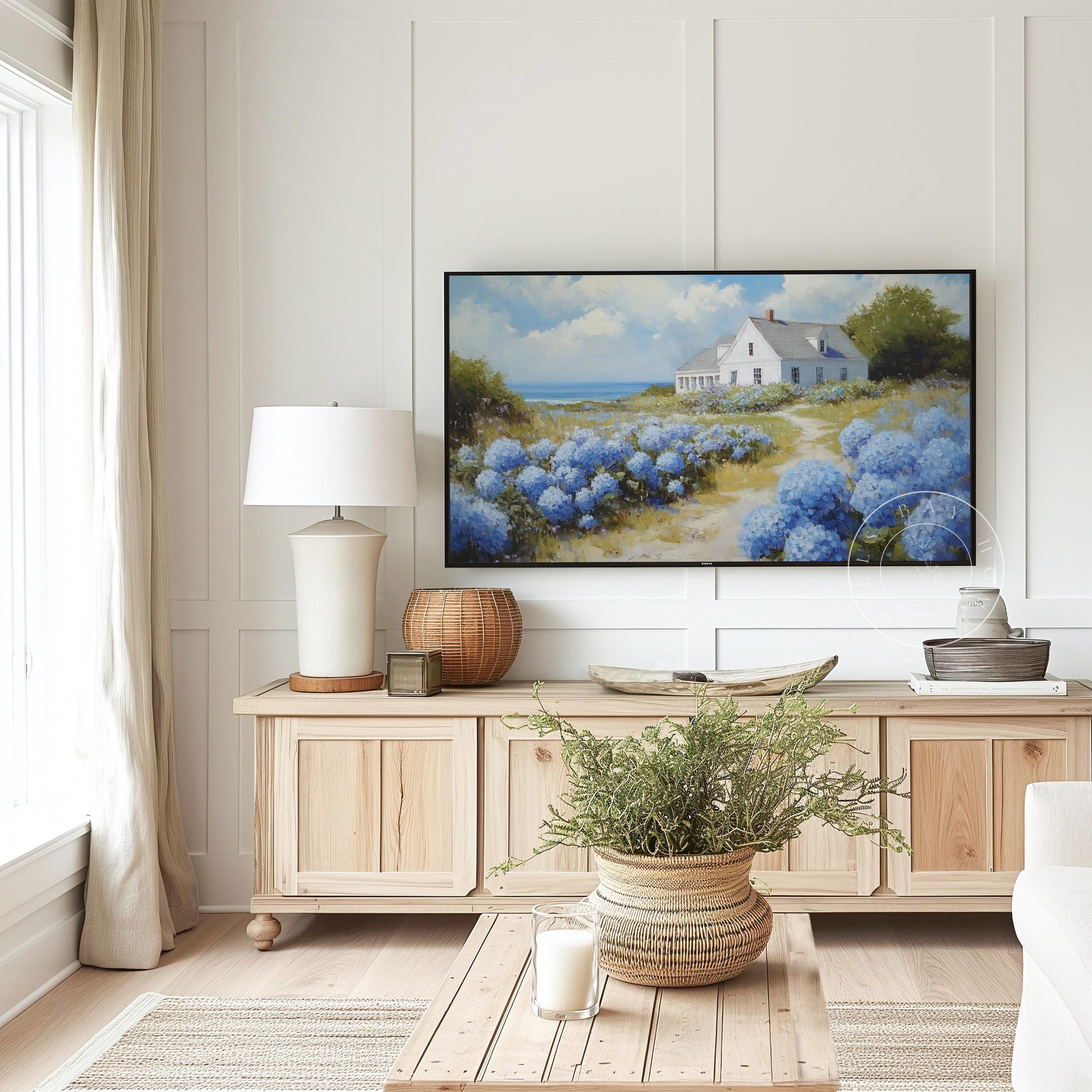Cape Cod Frame Tv Art, Digital Download Art for Frame Tv, Spring Tv Art, Floral Tv Art, Oil Painting Frame Tv Art, Blue Hydrangea Art