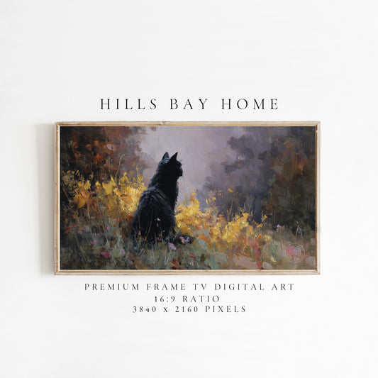 Black Cat Frame Tv Art, Digital Download Art for Frame Tv, Fall Tv Art, Halloween Tv Art, Painting Frame Tv Art, Cat Tv Art