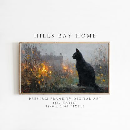 Black Cat Frame Tv Art, Digital Download Art for Frame Tv, Fall Tv Art, Halloween Tv Art, Painting Frame Tv Art, Cat Tv Art