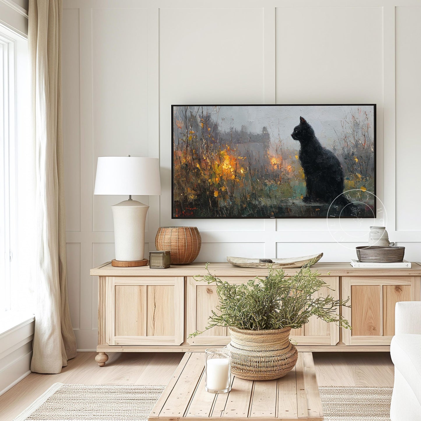 Black Cat Frame Tv Art, Digital Download Art for Frame Tv, Fall Tv Art, Halloween Tv Art, Painting Frame Tv Art, Cat Tv Art