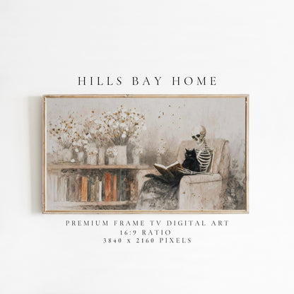Cozy Skeleton Frame Tv Art, Digital Art for Frame Tv, Fall Tv Art, Halloween Tv Art, Painting Frame Tv Art, Spooky Tv Art, Black Cat Tv Art