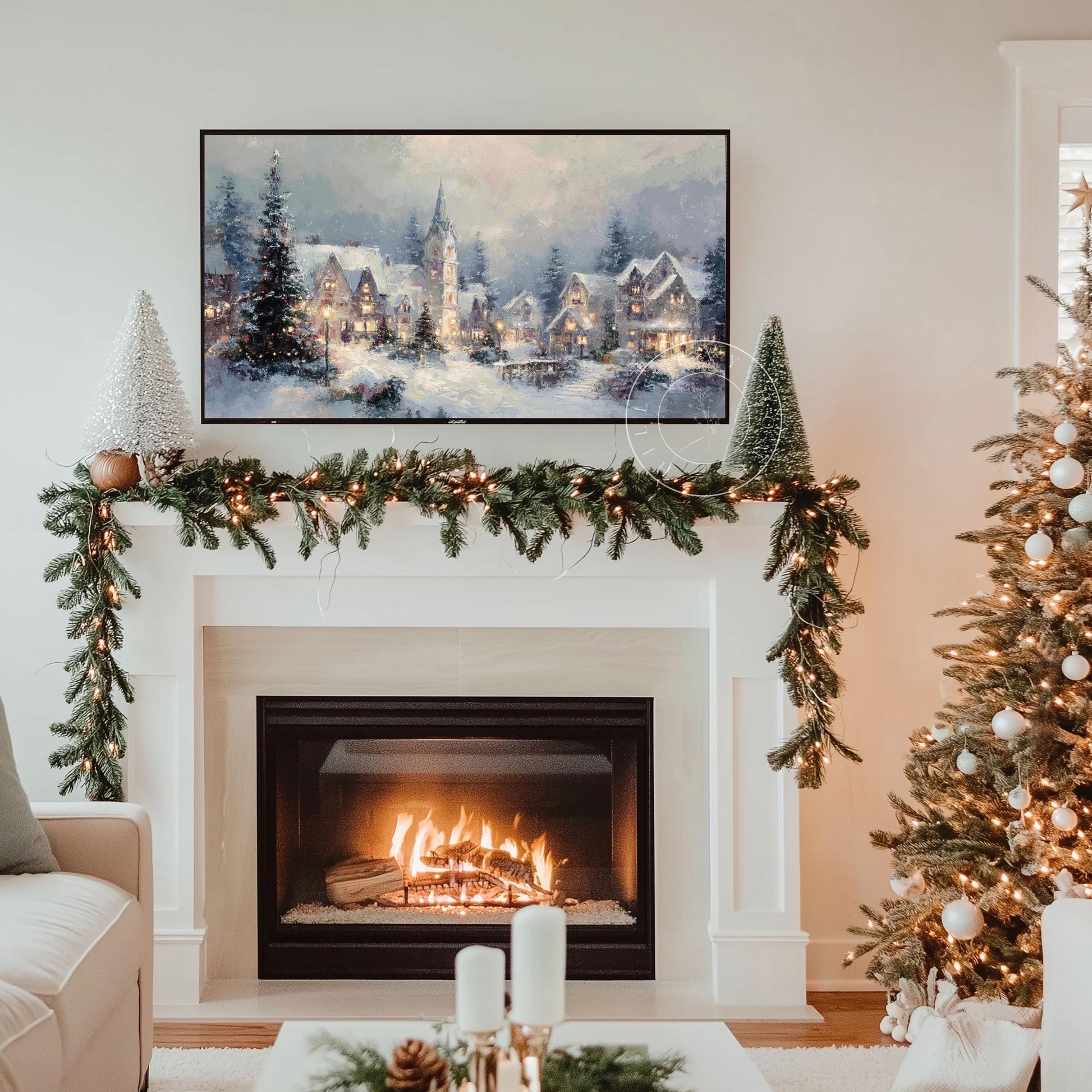 Snowy Christmas Village Landscape Frame Tv Art, Digital Download Art for Frame Tv, Winter Tv Art, Christmas Tv Art, Painting Frame Tv Art
