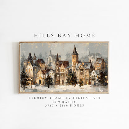 Moody Christmas Village Landscape Frame Tv Art, Digital Download Art for Frame Tv, Winter Tv Art, Christmas Tv Art, Painting Frame Tv Art