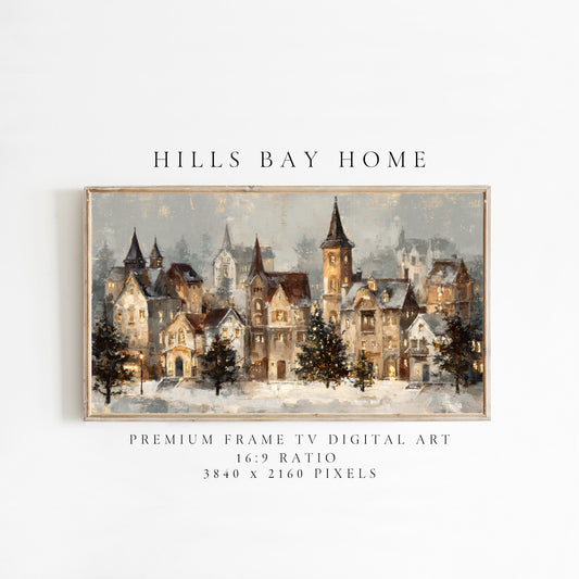 Moody Christmas Village Landscape Frame Tv Art, Digital Download Art for Frame Tv, Winter Tv Art, Christmas Tv Art, Painting Frame Tv Art