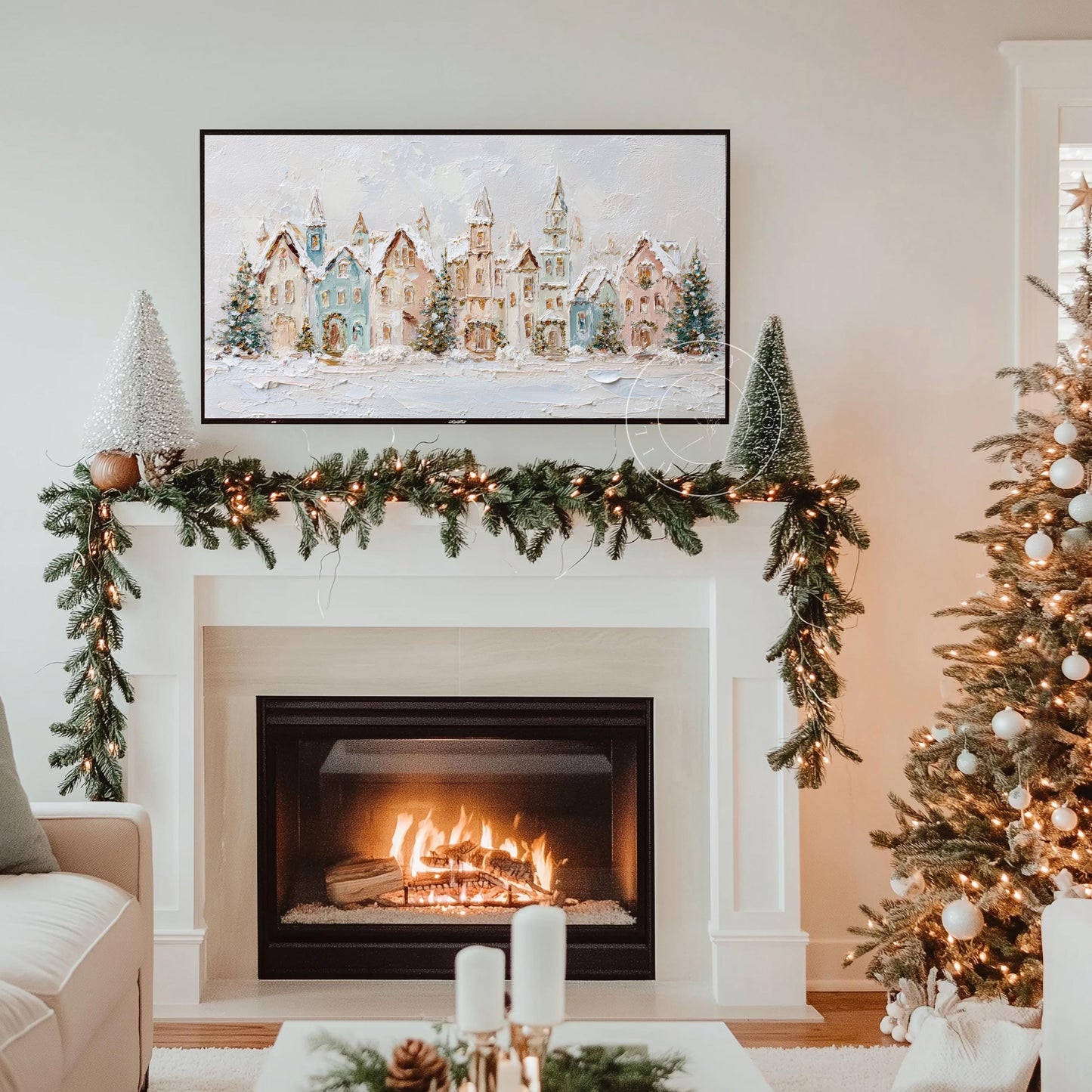 Pastel Christmas Village Frame Tv Art, Digital Download Art for Frame Tv, Winter Tv Art, Christmas Tv Art, Painting Frame Tv Art