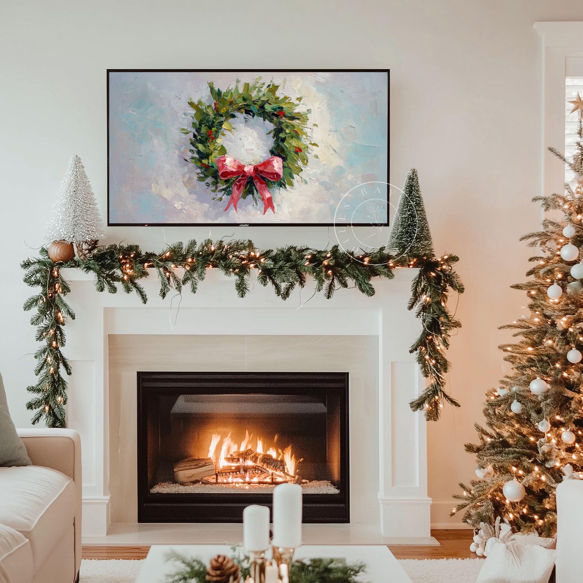 Christmas Wreath Frame Tv Art, Digital Download Art for Frame Tv, Winter Tv Art, Christmas Tv Art, Painting Frame Tv Art