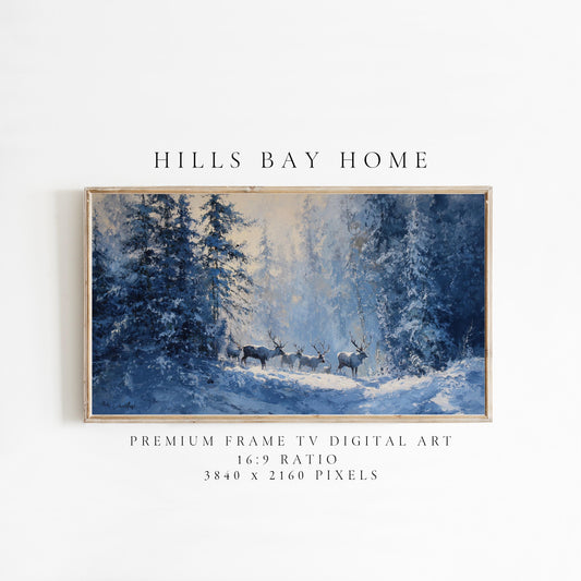 Elk in Woods Winter Landscape Frame Tv Art, Digital Download Art for Frame Tv, Snow Tv Art, Painting Frame Tv Art