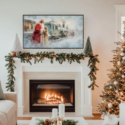 Santa Christmas Train in Snow Tv Art, Digital Download Art for Frame Tv, Winter Tv Art, Christmas Tv Art, Painting Frame Tv Art