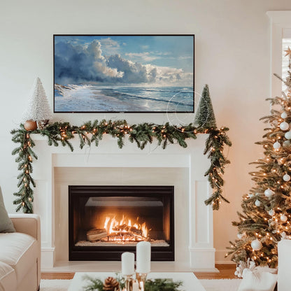 Winter Coastal Frame Tv Art, Digital Download Art for Frame Tv, Winter Tv Art, Snowy Beach Tv Art, Painting Frame Tv Art