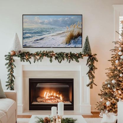 Winter Coastal Frame Tv Art, Digital Download Art for Frame Tv, Winter Tv Art, Snowy Beach Tv Art, Painting Frame Tv Art