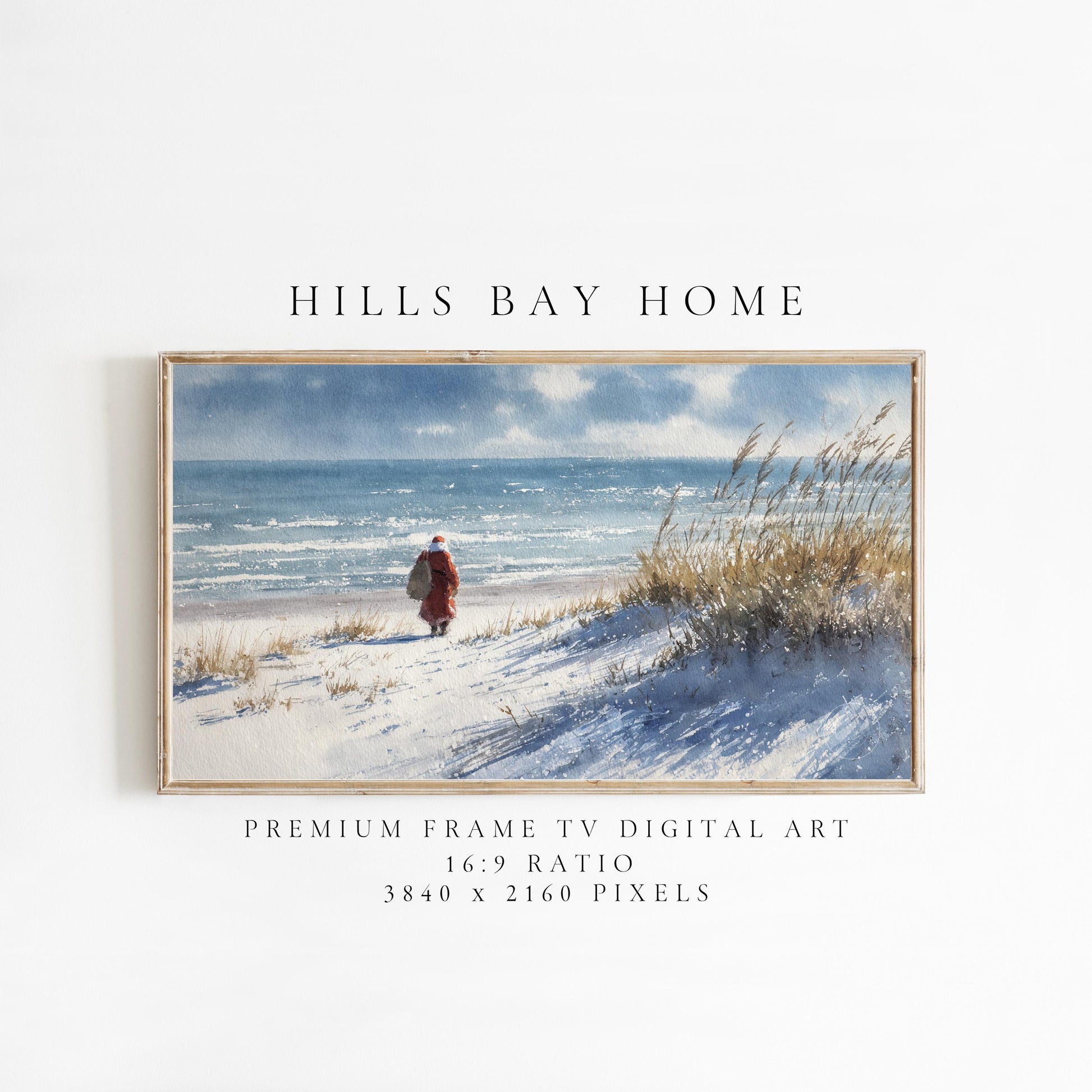 Coastal Santa Frame Tv Art, Digital Download Art for Frame Tv, Christmas Tv Art, Snowy Beach Tv Art, Painting Frame Tv Art