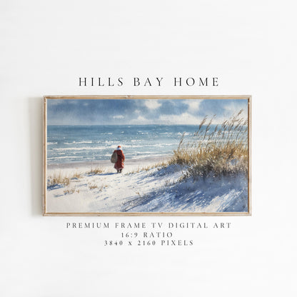 Coastal Santa Frame Tv Art, Digital Download Art for Frame Tv, Christmas Tv Art, Snowy Beach Tv Art, Painting Frame Tv Art