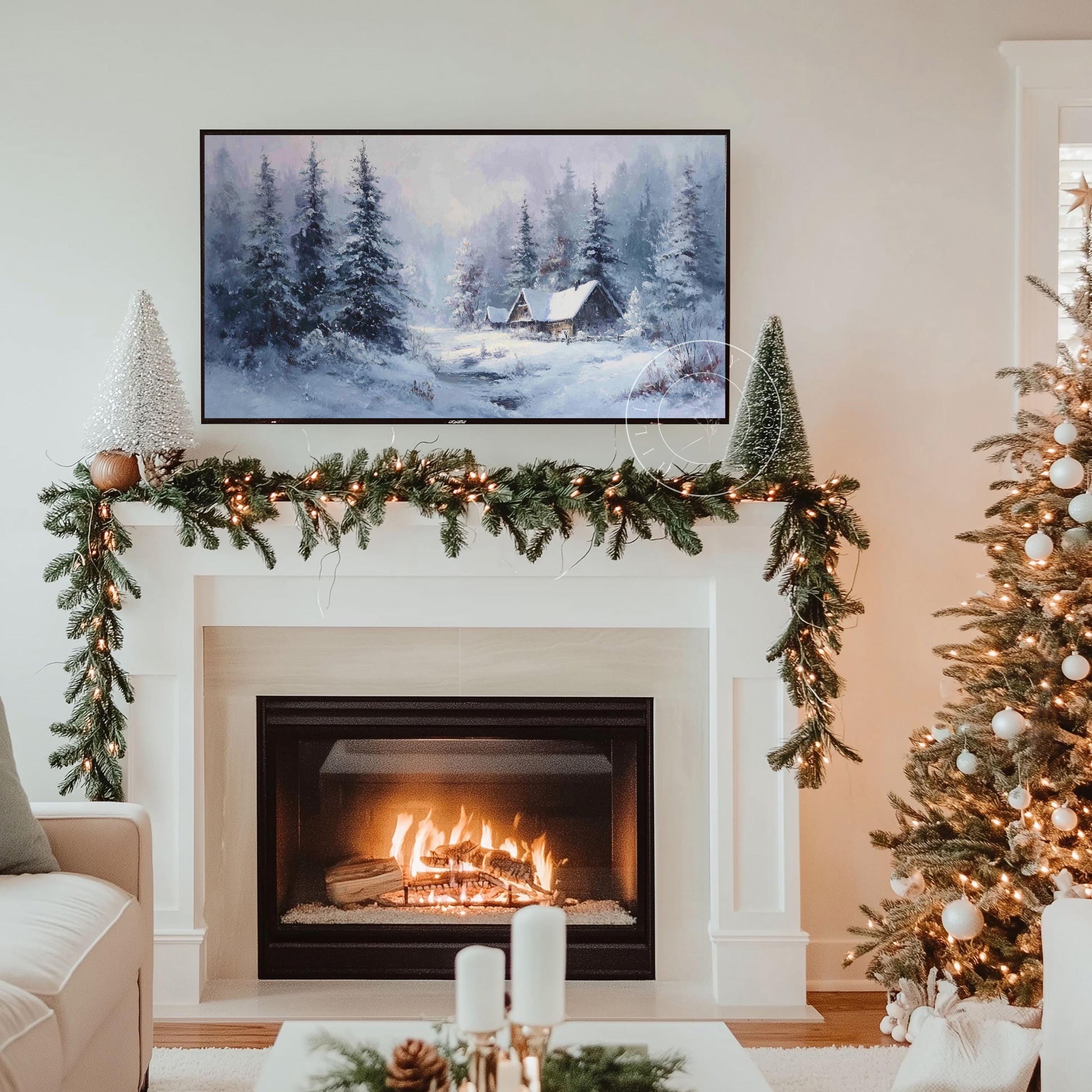 Winter Log Cabin Frame Tv Art, Digital Download Art for Frame Tv, Snow Tv Art, Christmas Tv Art, Painting Frame Tv Art