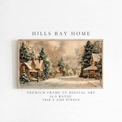 Snowy Village Landscape Frame Tv Art, Digital Download Art for Frame Tv, Winter Tv Art, Christmas Tv Art, Painting Frame Tv Art