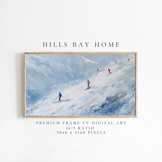 Skiing Frame Tv Art, Digital Download Art for Frame Tv, Winter Tv Art, Skiers Tv Art, Painting Frame Tv Art