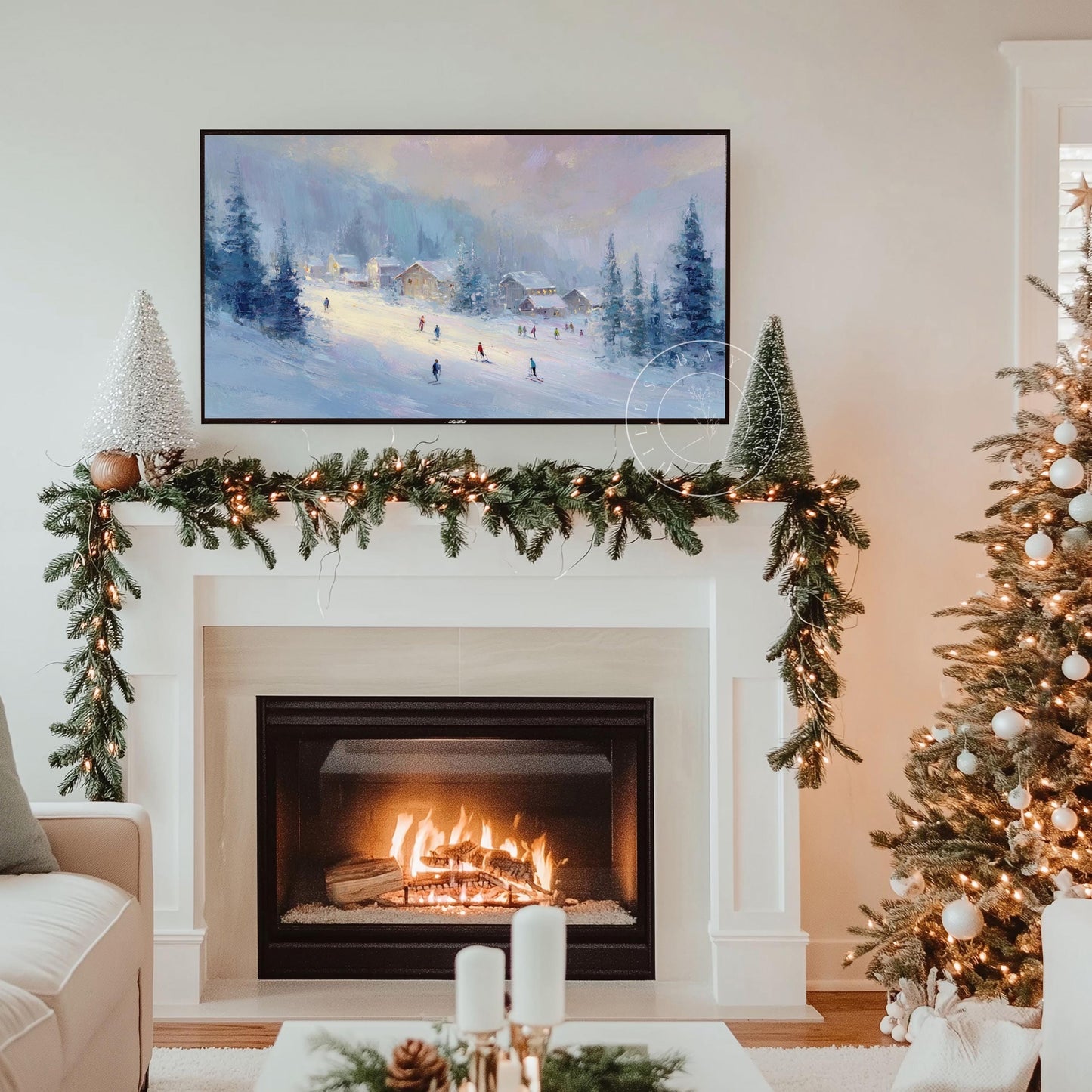 Ski Frame Tv Art, Digital Download Art for Frame Tv, Winter Tv Art, Skiers Tv Art, Painting Frame Tv Art