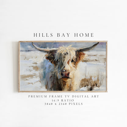 Snowy Highland Cow Frame Tv Art, Digital Download Art for Frame Tv, Winter Tv Art, Painting Frame Tv Art