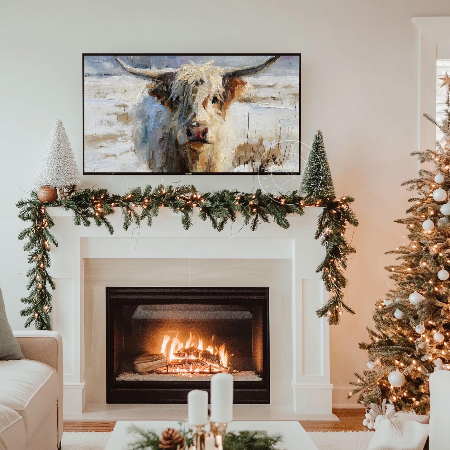 Snowy Highland Cow Frame Tv Art, Digital Download Art for Frame Tv, Winter Tv Art, Painting Frame Tv Art