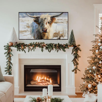 Snowy Highland Cow Frame Tv Art, Digital Download Art for Frame Tv, Winter Tv Art, Painting Frame Tv Art