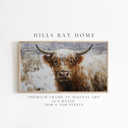Snowy Highland Cow Frame Tv Art, Digital Download Art for Frame Tv, Winter Tv Art, Painting Frame Tv Art