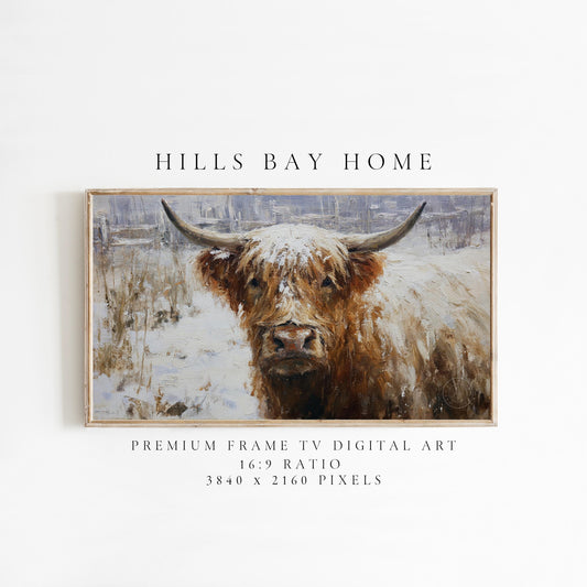 Snowy Highland Cow Frame Tv Art, Digital Download Art for Frame Tv, Winter Tv Art, Painting Frame Tv Art