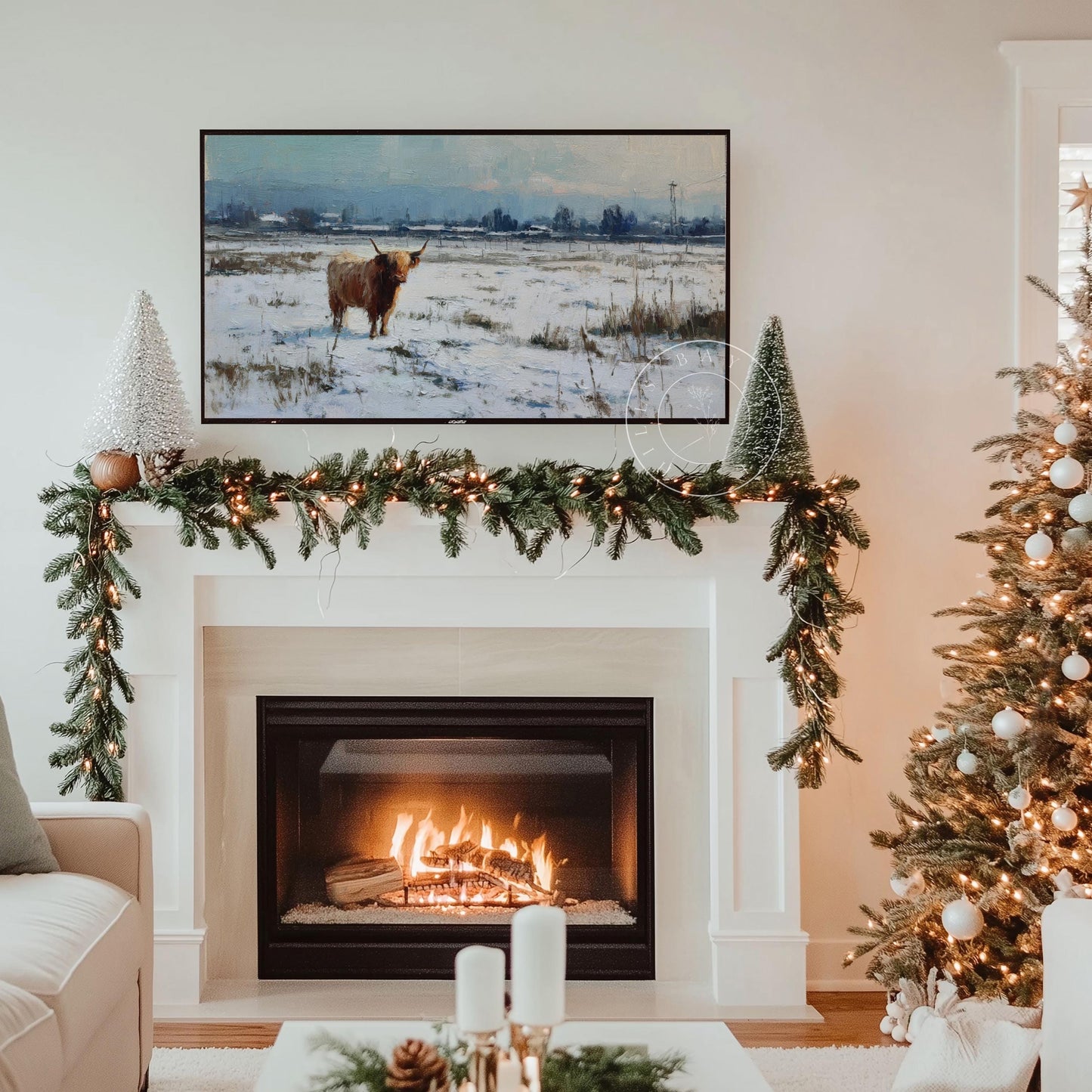 Snowy Highland Cow Frame Tv Art, Digital Download Art for Frame Tv, Winter Tv Art, Painting Frame Tv Art