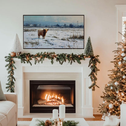 Snowy Highland Cow Frame Tv Art, Digital Download Art for Frame Tv, Winter Tv Art, Painting Frame Tv Art