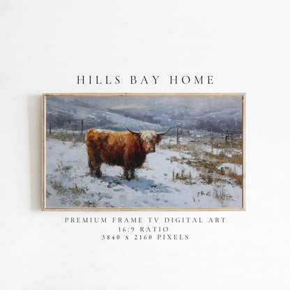 Snowy Highland Cow Frame Tv Art, Digital Download Art for Frame Tv, Winter Tv Art, Painting Frame Tv Art