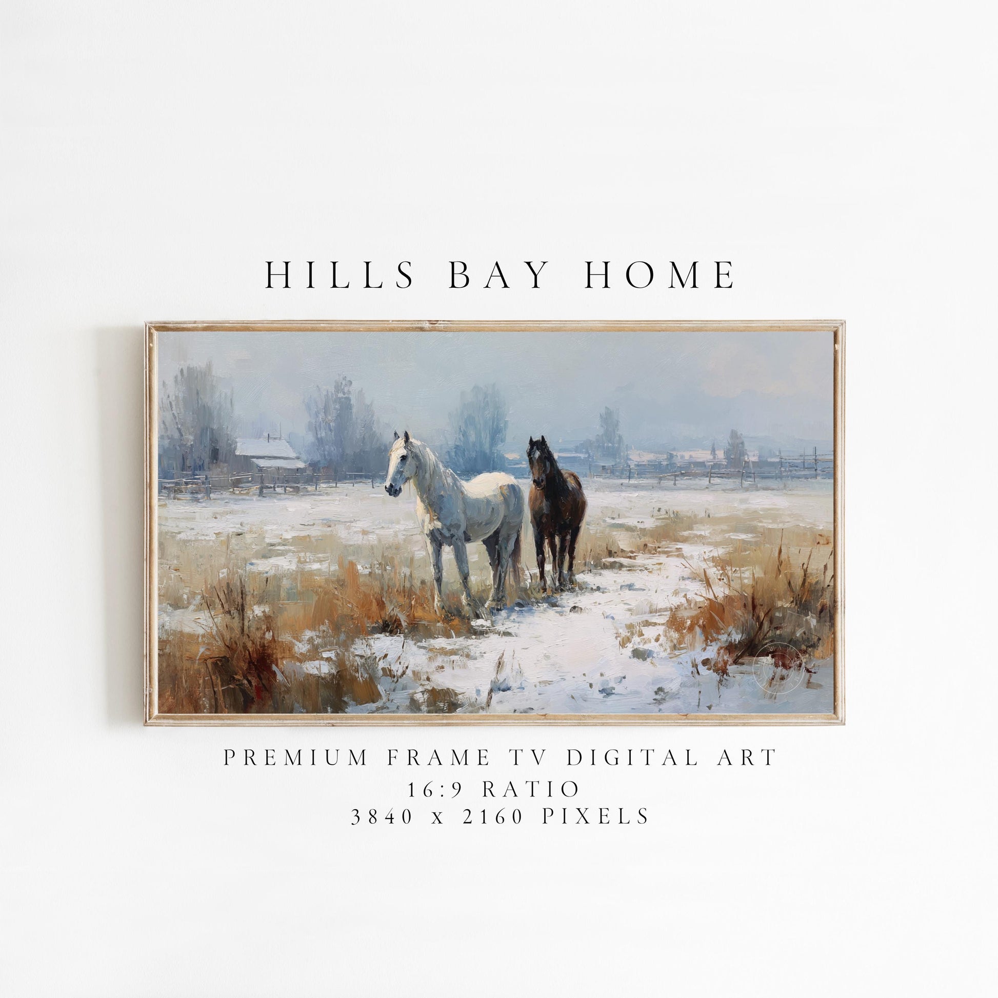 Snowy Horse Pasture Frame Tv Art, Digital Download Art for Frame Tv, Winter Tv Art, Painting Frame Tv Art