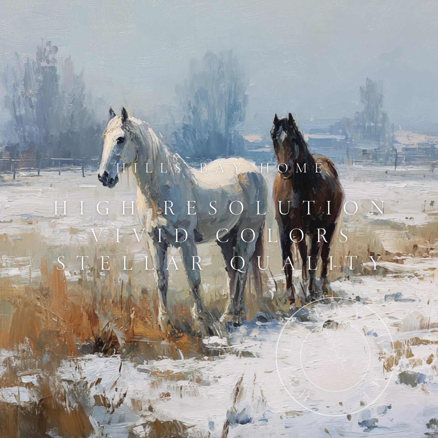 Snowy Horse Pasture Frame Tv Art, Digital Download Art for Frame Tv, Winter Tv Art, Painting Frame Tv Art