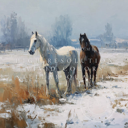 Snowy Horse Pasture Frame Tv Art, Digital Download Art for Frame Tv, Winter Tv Art, Painting Frame Tv Art