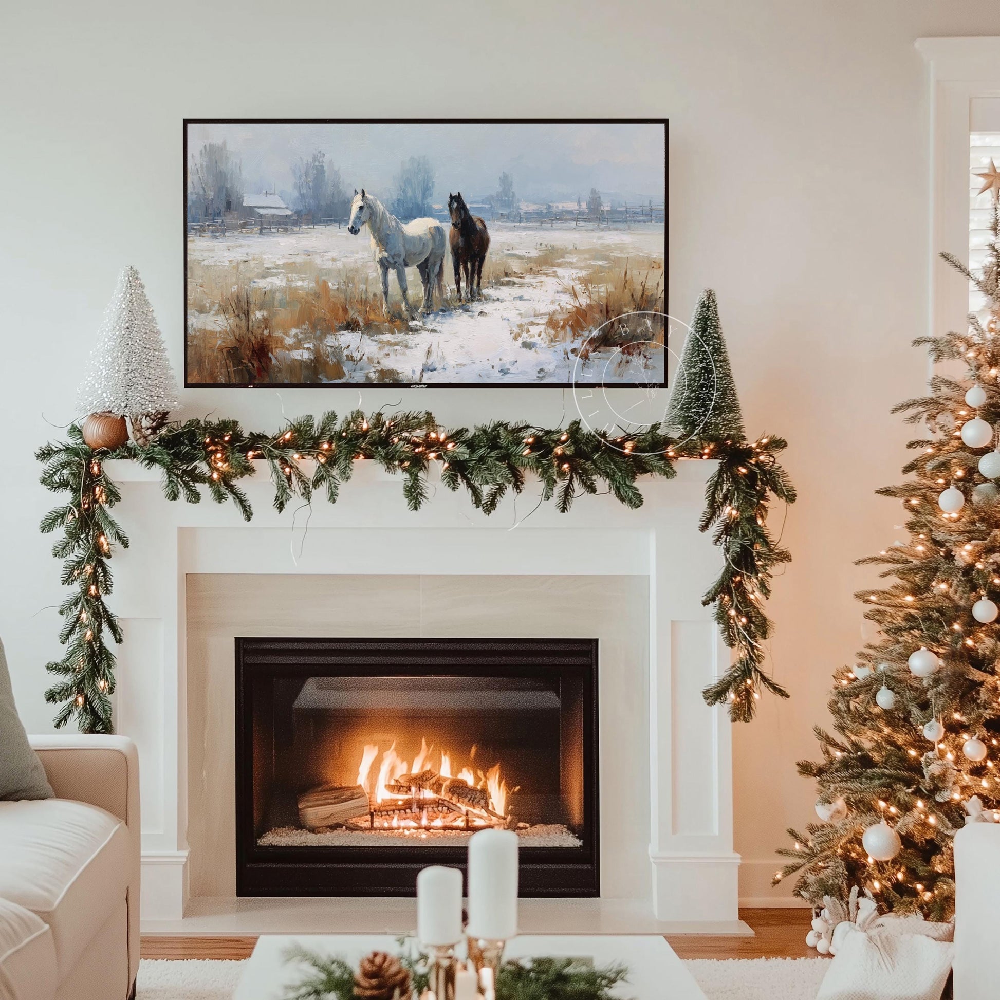Snowy Horse Pasture Frame Tv Art, Digital Download Art for Frame Tv, Winter Tv Art, Painting Frame Tv Art