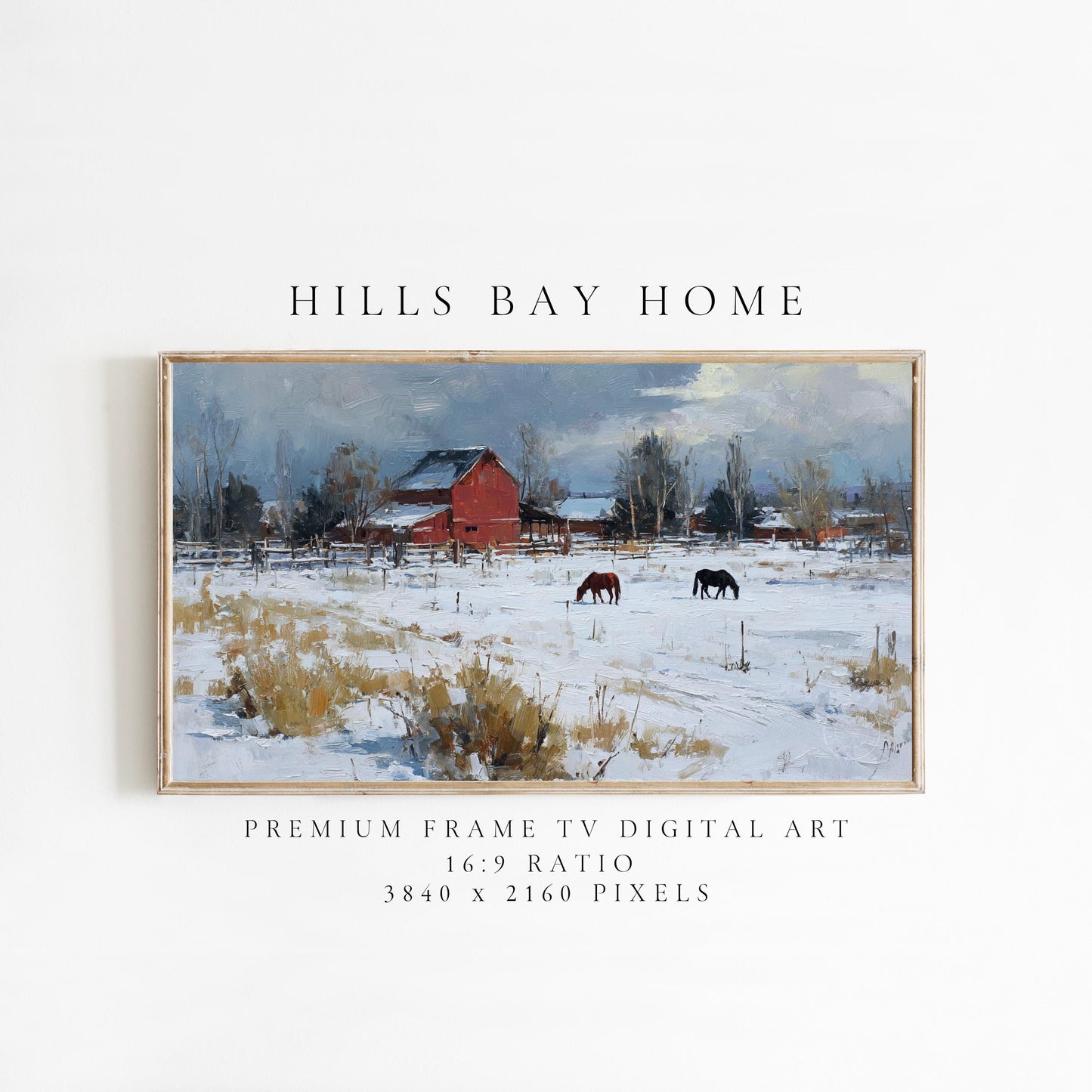 Snowy Horse Pasture Frame Tv Art, Digital Download Art for Frame Tv, Winter Tv Art, Painting Frame Tv Art