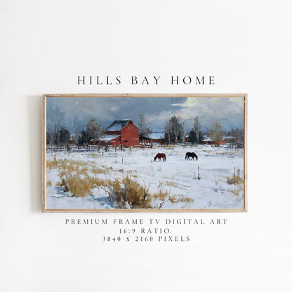 Snowy Horse Pasture Frame Tv Art, Digital Download Art for Frame Tv, Winter Tv Art, Painting Frame Tv Art