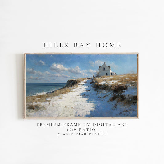 Snowy Coastal Cottage Frame Tv Art, Digital Download Art for Frame Tv, Winter Tv Art, Painting Frame Tv Art