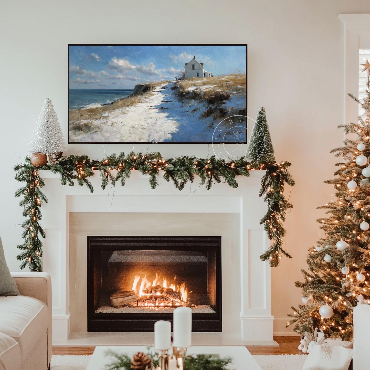Snowy Coastal Cottage Frame Tv Art, Digital Download Art for Frame Tv, Winter Tv Art, Painting Frame Tv Art