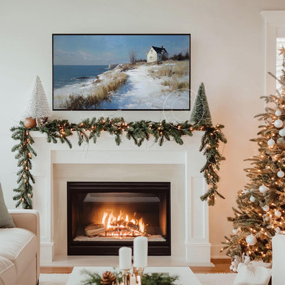 Snowy Coastal Cottage Frame Tv Art, Digital Download Art for Frame Tv, Winter Tv Art, Painting Frame Tv Art