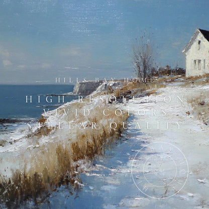 Snowy Coastal Cottage Frame Tv Art, Digital Download Art for Frame Tv, Winter Tv Art, Painting Frame Tv Art