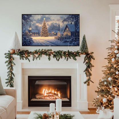 Night Christmas Landscape Frame Tv Art, Digital Download Art for Frame Tv, Winter Tv Art, Christmas Tree Tv Art, Painting Frame Tv Art