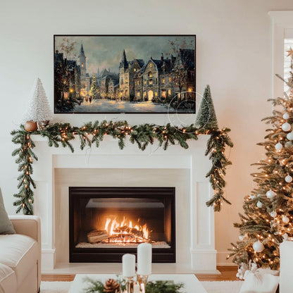 Moody Christmas Village Landscape Frame Tv Art, Digital Download Art for Frame Tv, Winter Tv Art, Christmas Tv Art, Painting Frame Tv Art