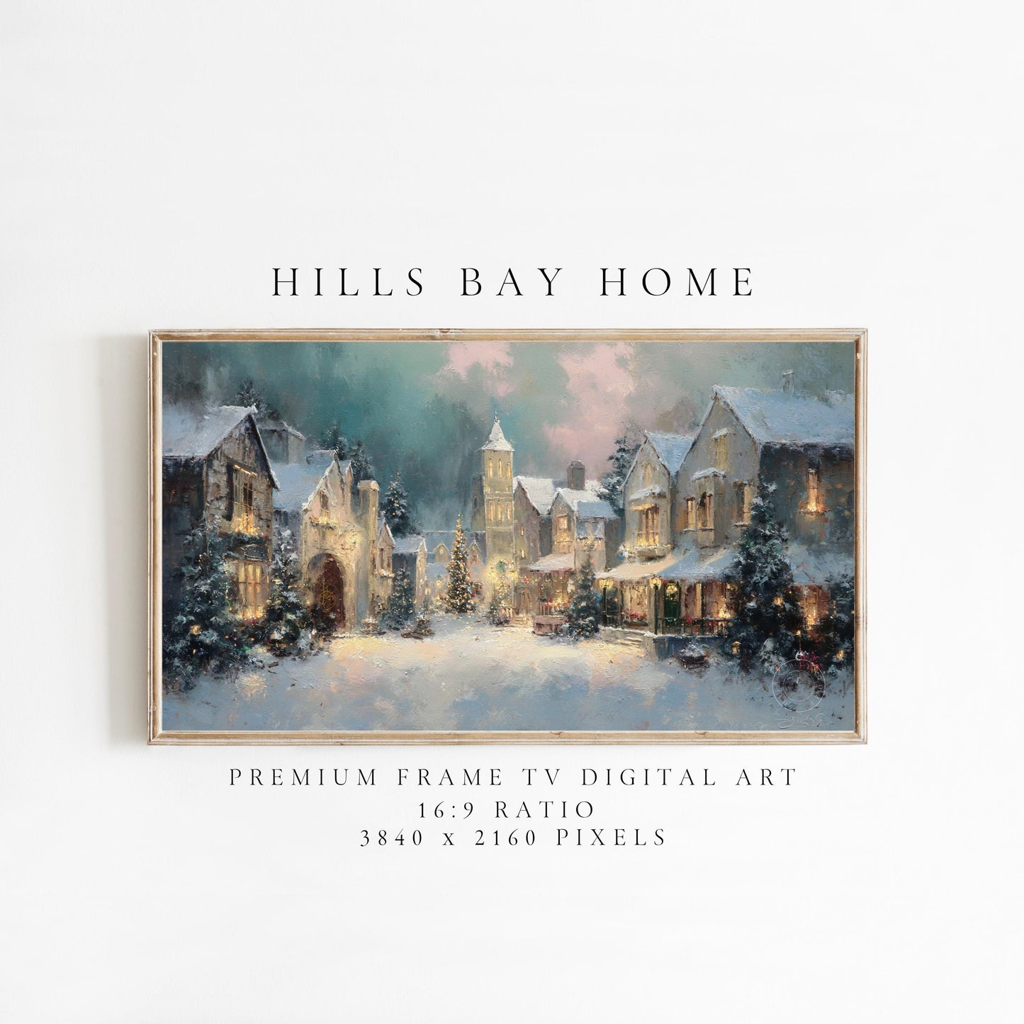 Night Christmas Village Landscape Frame Tv Art, Digital Download Art for Frame Tv, Winter Tv Art, Christmas Tv Art, Painting Frame Tv Art