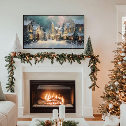 Night Christmas Village Landscape Frame Tv Art, Digital Download Art for Frame Tv, Winter Tv Art, Christmas Tv Art, Painting Frame Tv Art